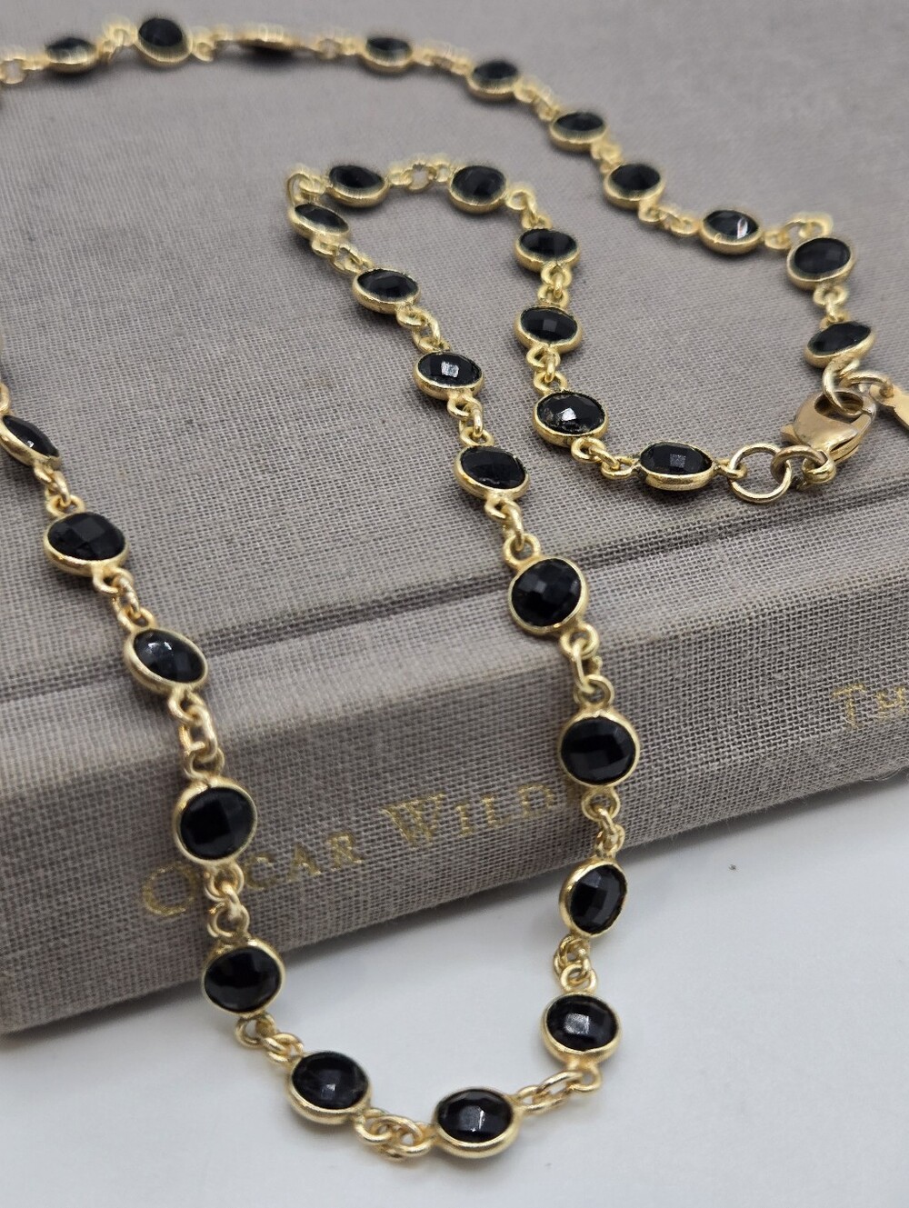 Faceted BLACK Crystal Bezel NECKLACE GoldPlate 18" Victorian Revival Aesthetic